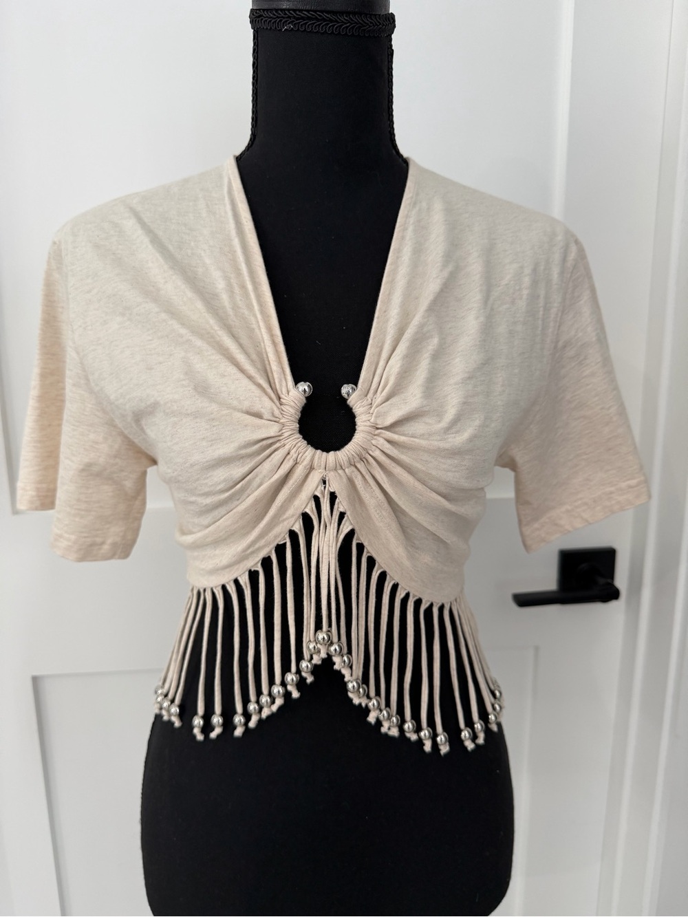 Paco Rabanne Beaded Fringe Ring Crop Top Beige FR 38